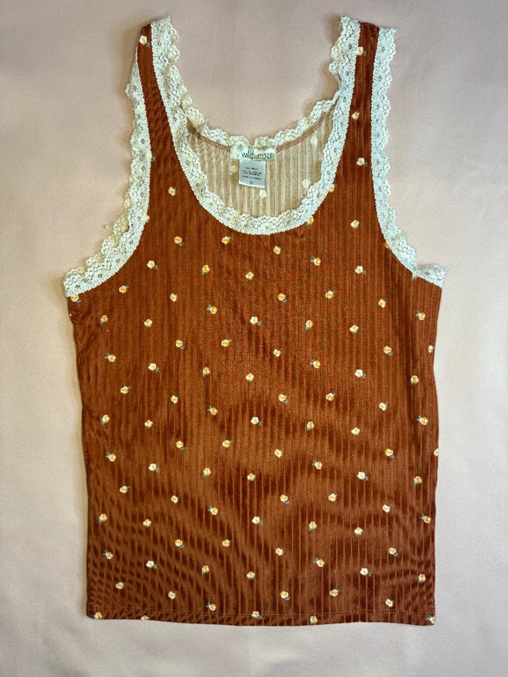 Wild Moss - Burnt Orange Floral Lace Trim 90s Inspired Cami - Size M